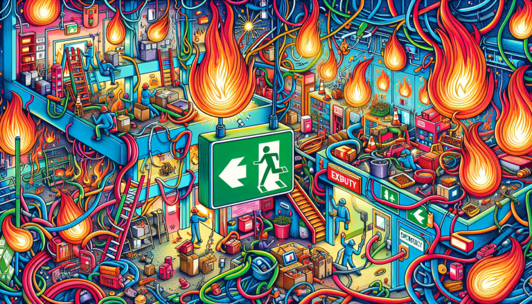 An illustration depicting the concept of fire safety risk assessment, highlighting various fire hazards.